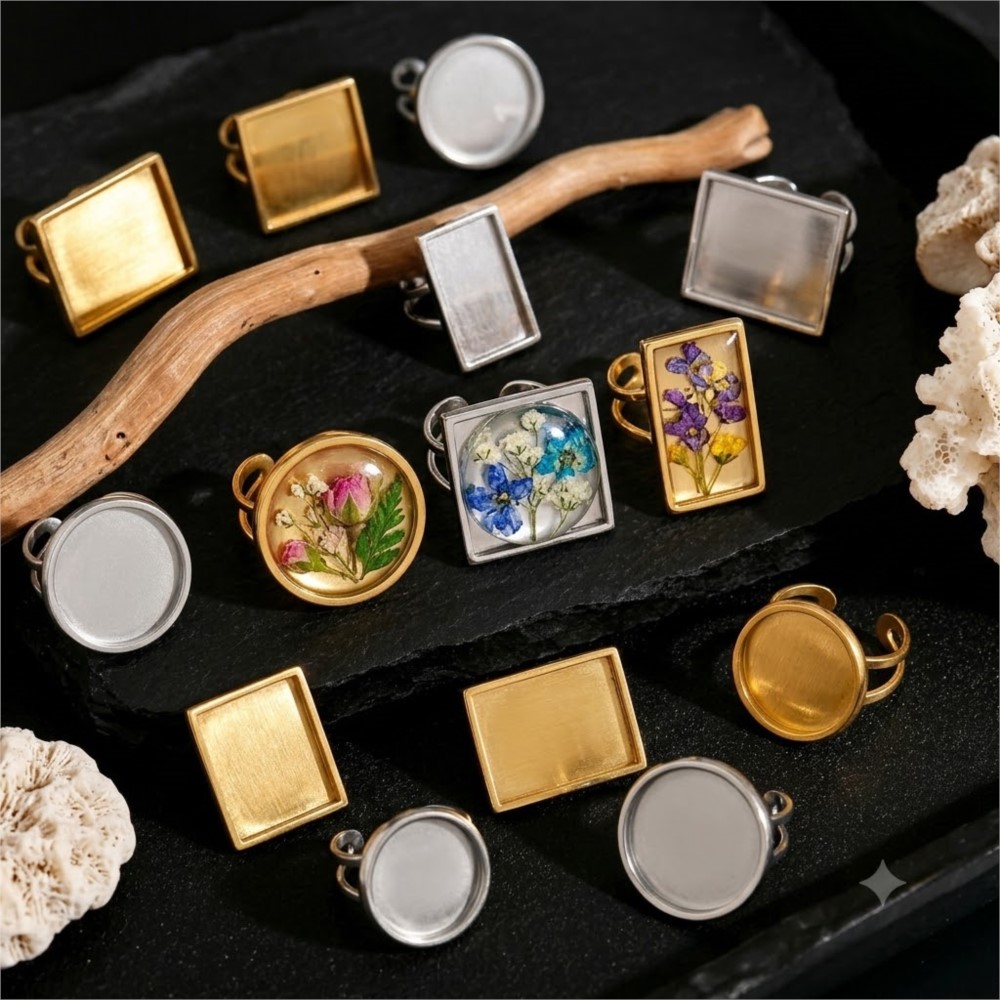 Ring Set Adjustable - 2pcs Stainless Steel Square Flat Blank