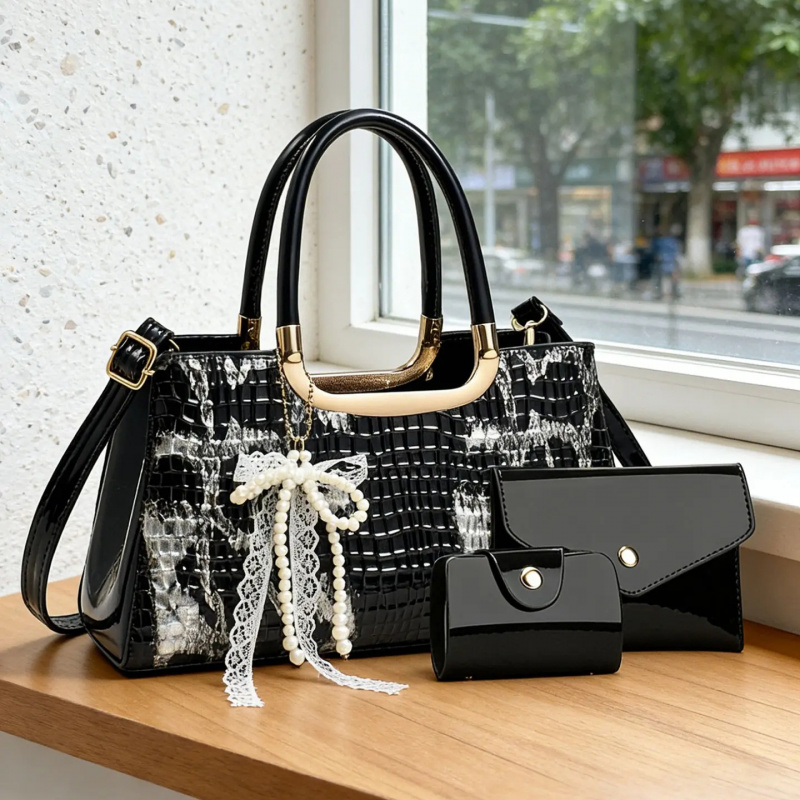 Women Accessories For Gift - Women's Handbag Set, Crocodile Pattern Evening