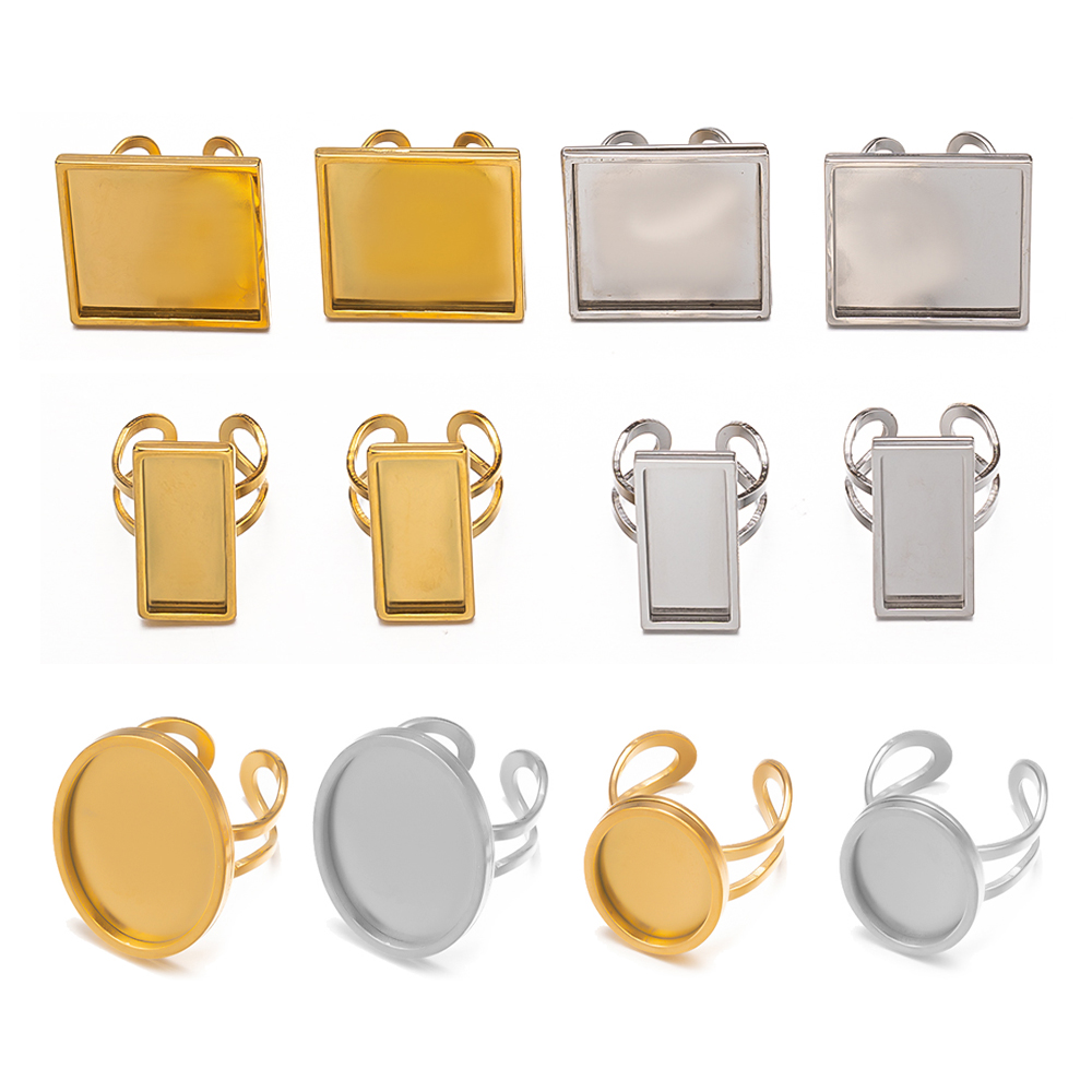 Ring Set Adjustable - 4Pcs Stainless Steel Square Oval Blank